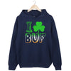 Navy Buffalo St. Patrick’s Day shamrock hoodie flat lay with clean city-inspired lettering and festive holiday detail