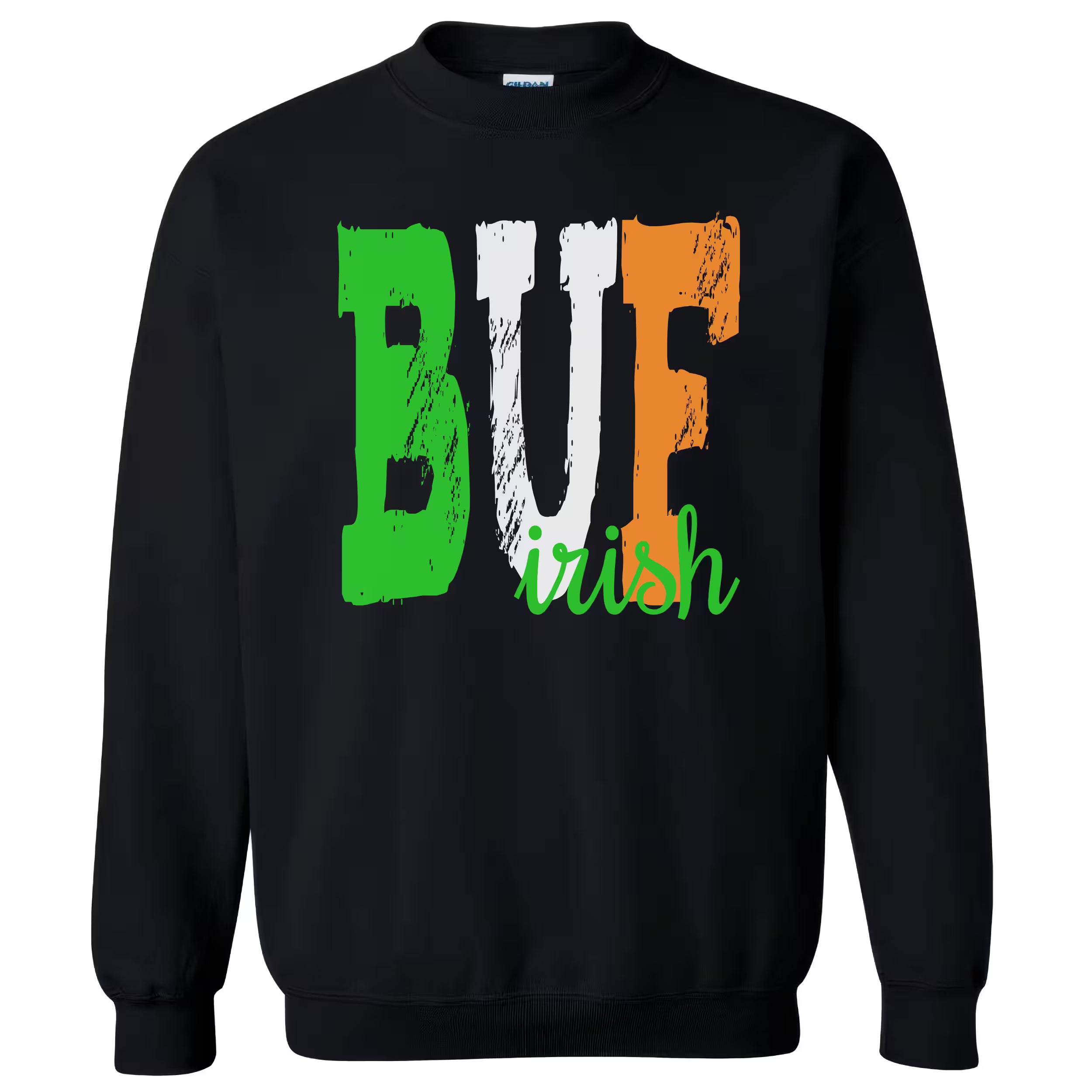 Black BUF Irish sweatshirt flat lay showcasing Irish-colored “BUF” and playful script “Irish” for a streetwear-ready St. Paddy’s Day look