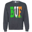 Dark gray BUF Irish sweatshirt flat lay with bold Irish-colored “BUF” letters and small script “Irish,” perfect for festive March wear
