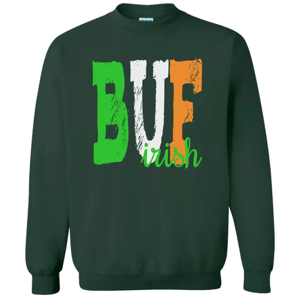 Green BUF Irish sweatshirt flat lay highlighting bold “BUF” in green, white, and orange with cute script “Irish” for St. Patrick’s Day fun