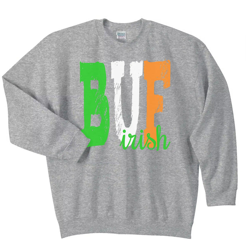 Light gray BUF Irish sweatshirt flat lay featuring playful script “Irish” paired with bold Irish-colored “BUF” lettering for festive city style