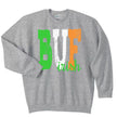 Light gray BUF Irish sweatshirt flat lay featuring playful script “Irish” paired with bold Irish-colored “BUF” lettering for festive city style