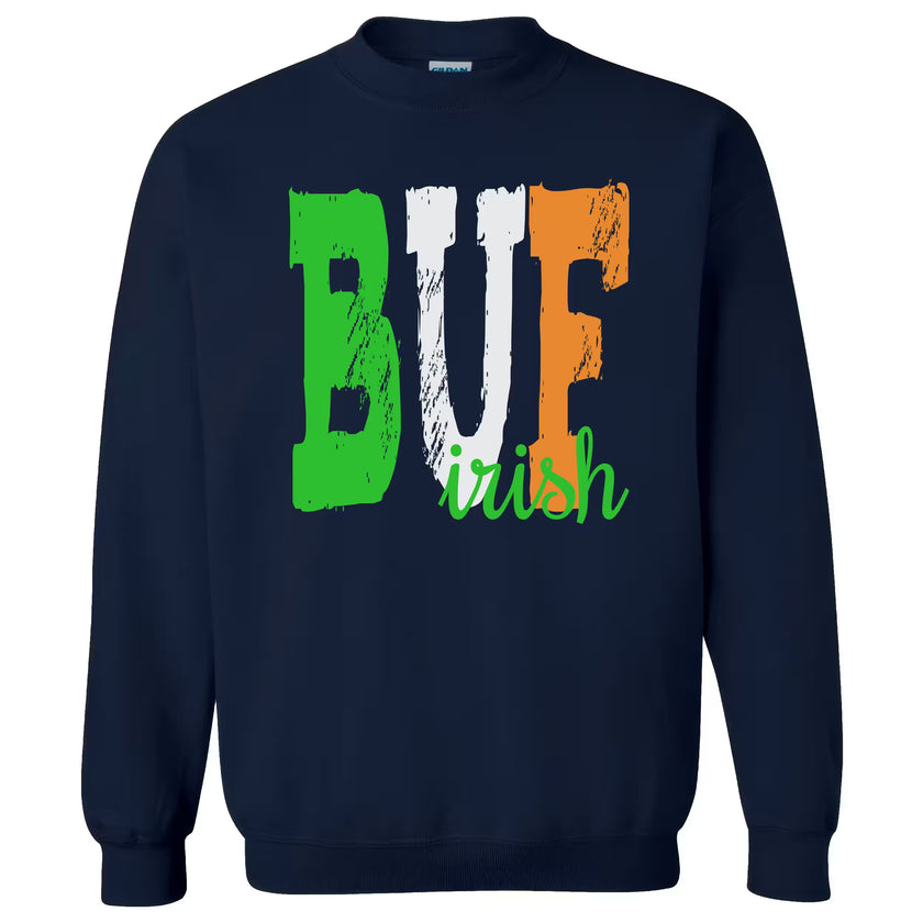 Navy BUF Irish sweatshirt flat lay featuring bold “BUF” in green, white, and orange with cute script “Irish” for festive St. Patrick’s Day style