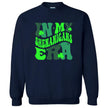 Navy “In My Shenanigans Era” St. Patrick’s Day sweatshirt flat lay featuring playful font and shamrocks for stylish holiday fun