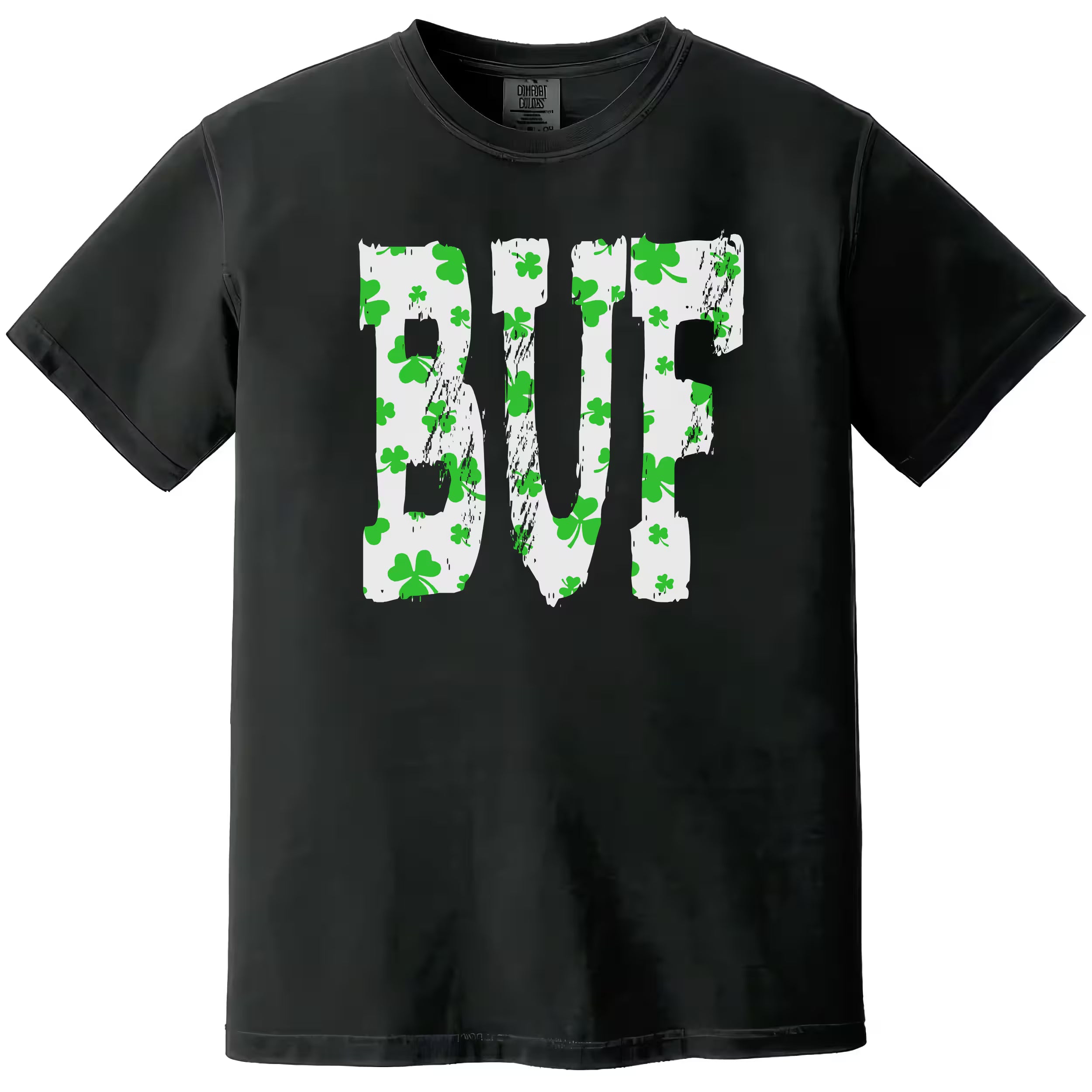 Black Buffalo St. Patrick’s Day BUF t-shirt flat lay showcasing large block letters with festive shamrock detailing