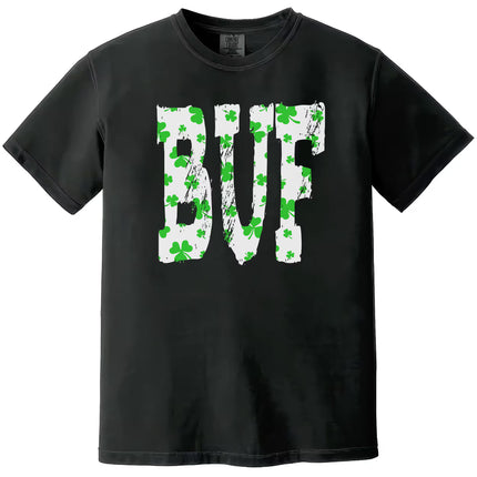 Black Buffalo St. Patrick’s Day BUF t-shirt flat lay showcasing large block letters with festive shamrock detailing