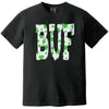 Black Buffalo St. Patrick’s Day BUF t-shirt flat lay showcasing large block letters with festive shamrock detailing