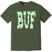 Dark green Buffalo St. Patrick’s Day BUF t-shirt flat lay featuring bold block lettering filled with white and green shamrock pattern