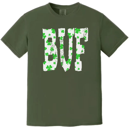 Dark green Buffalo St. Patrick’s Day BUF t-shirt flat lay featuring bold block lettering filled with white and green shamrock pattern