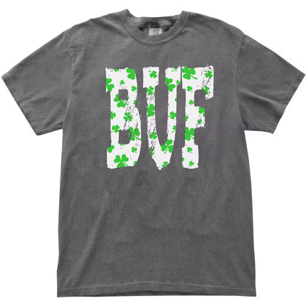 Gray BUF St. Patrick’s Day t-shirt flat lay featuring white block letters filled with green shamrocks for a festive look