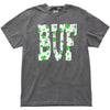 Gray BUF St. Patrick’s Day t-shirt flat lay featuring white block letters filled with green shamrocks for a festive look
