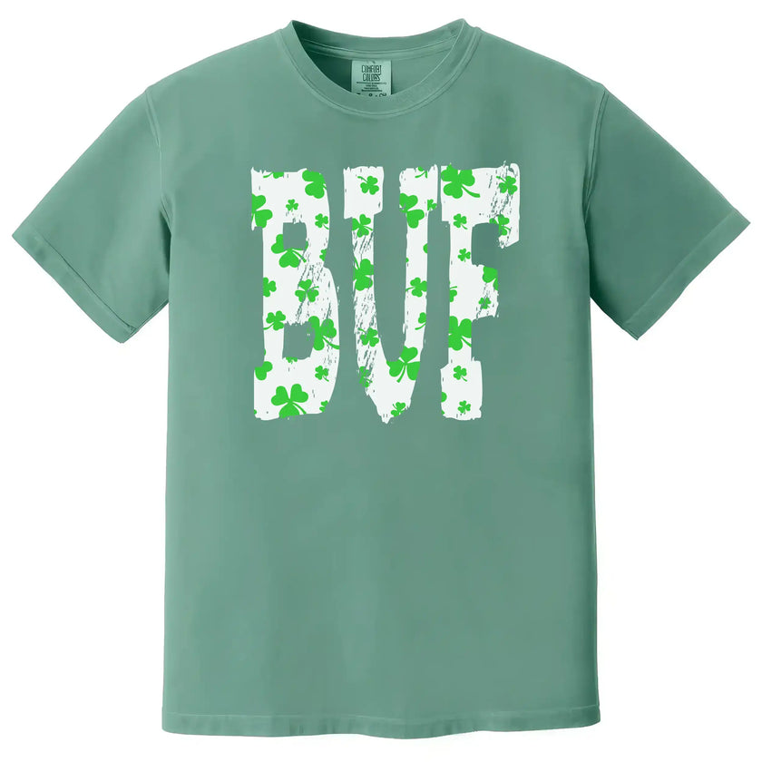 Green Buffalo St. Patrick’s Day BUF t-shirt flat lay highlighting bold lettering and lucky shamrock pattern details