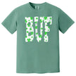 Green Buffalo St. Patrick’s Day BUF t-shirt flat lay highlighting bold lettering and lucky shamrock pattern details