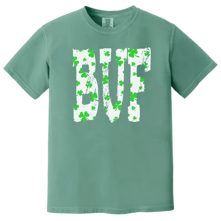 Green Buffalo St. Patrick’s Day BUF t-shirt flat lay highlighting bold lettering and lucky shamrock pattern details