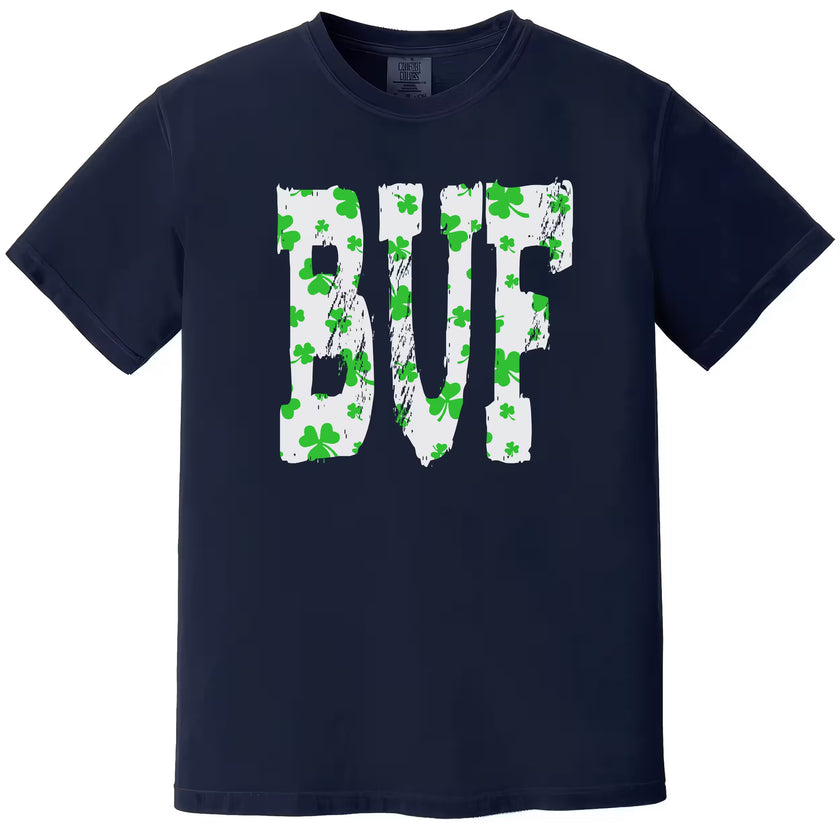 Navy Buffalo St. Patrick’s Day BUF t-shirt flat lay with crisp shamrock-filled lettering and bold city-inspired design