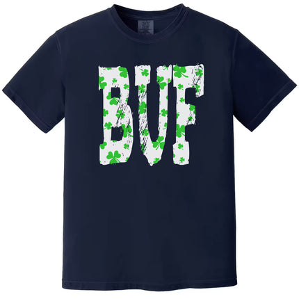 Navy Buffalo St. Patrick’s Day BUF t-shirt flat lay with crisp shamrock-filled lettering and bold city-inspired design