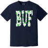 Navy Buffalo St. Patrick’s Day BUF t-shirt flat lay with crisp shamrock-filled lettering and bold city-inspired design