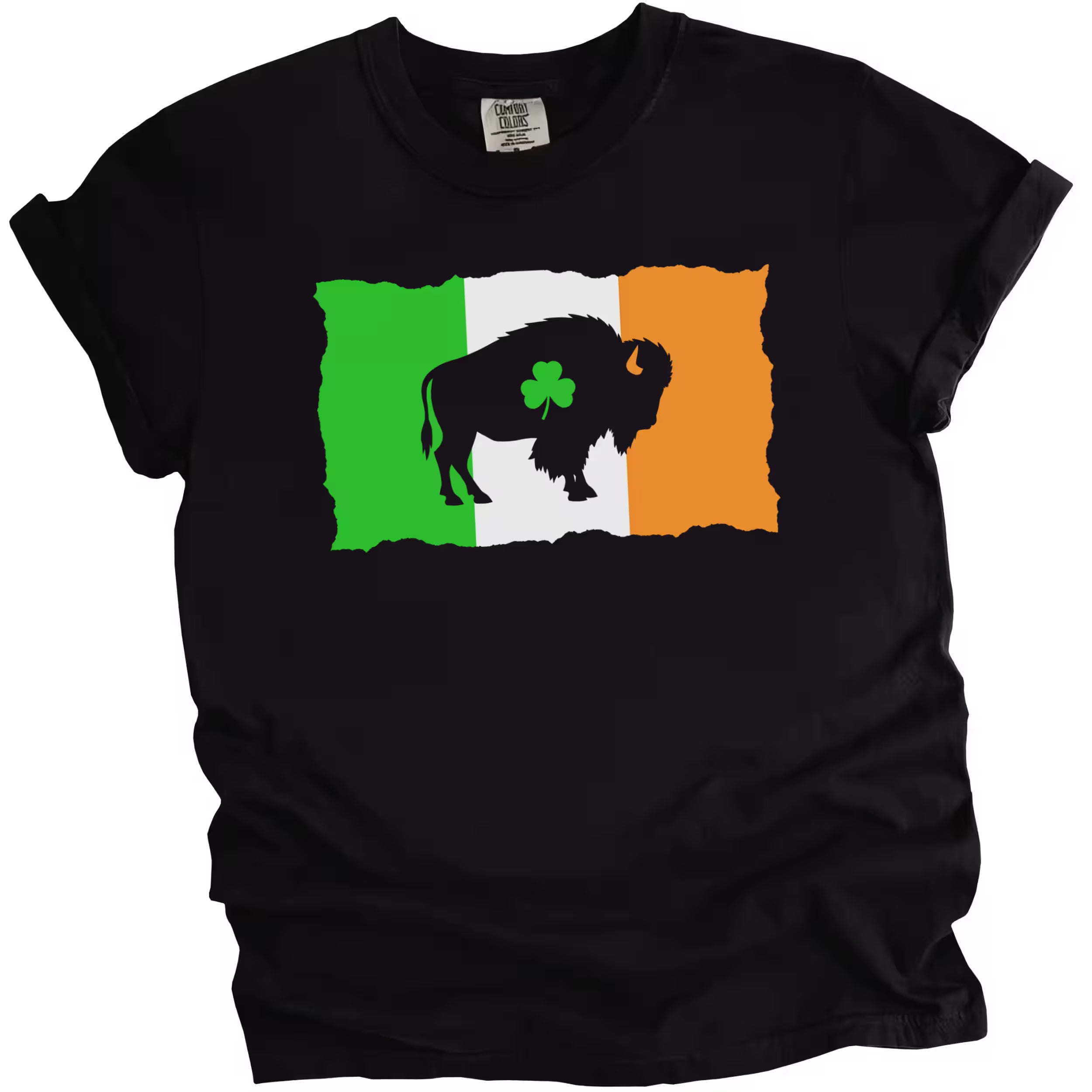 Black Buffalo St. Patrick’s Day t-shirt flat lay featuring distressed Irish flag, buffalo silhouette, and shamrock cutout design
