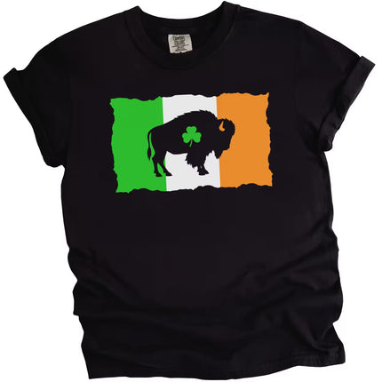 Black Buffalo St. Patrick’s Day t-shirt flat lay featuring distressed Irish flag, buffalo silhouette, and shamrock cutout design
