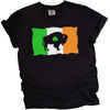 Black Buffalo St. Patrick’s Day t-shirt flat lay featuring distressed Irish flag, buffalo silhouette, and shamrock cutout design