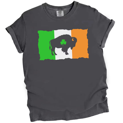 Gray Buffalo Irish flag St. Patrick’s Day t-shirt flat lay showcasing distressed streetwear style, shamrock cutout, and bold Buffalo graphic