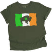 Green Buffalo St. Patrick’s Day t-shirt flat lay highlighting distressed Irish flag design, buffalo silhouette, and shamrock detail