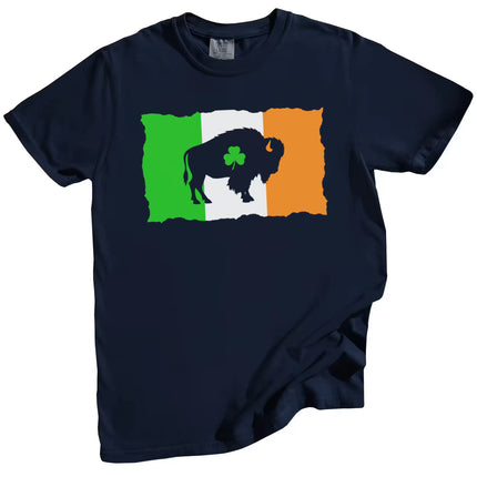 Navy Buffalo Irish flag t-shirt flat lay with distressed streetwear style, bold buffalo graphic, and shamrock cutout for festive St. Paddy’s look