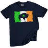 Navy Buffalo Irish flag t-shirt flat lay with distressed streetwear style, bold buffalo graphic, and shamrock cutout for festive St. Paddy’s look