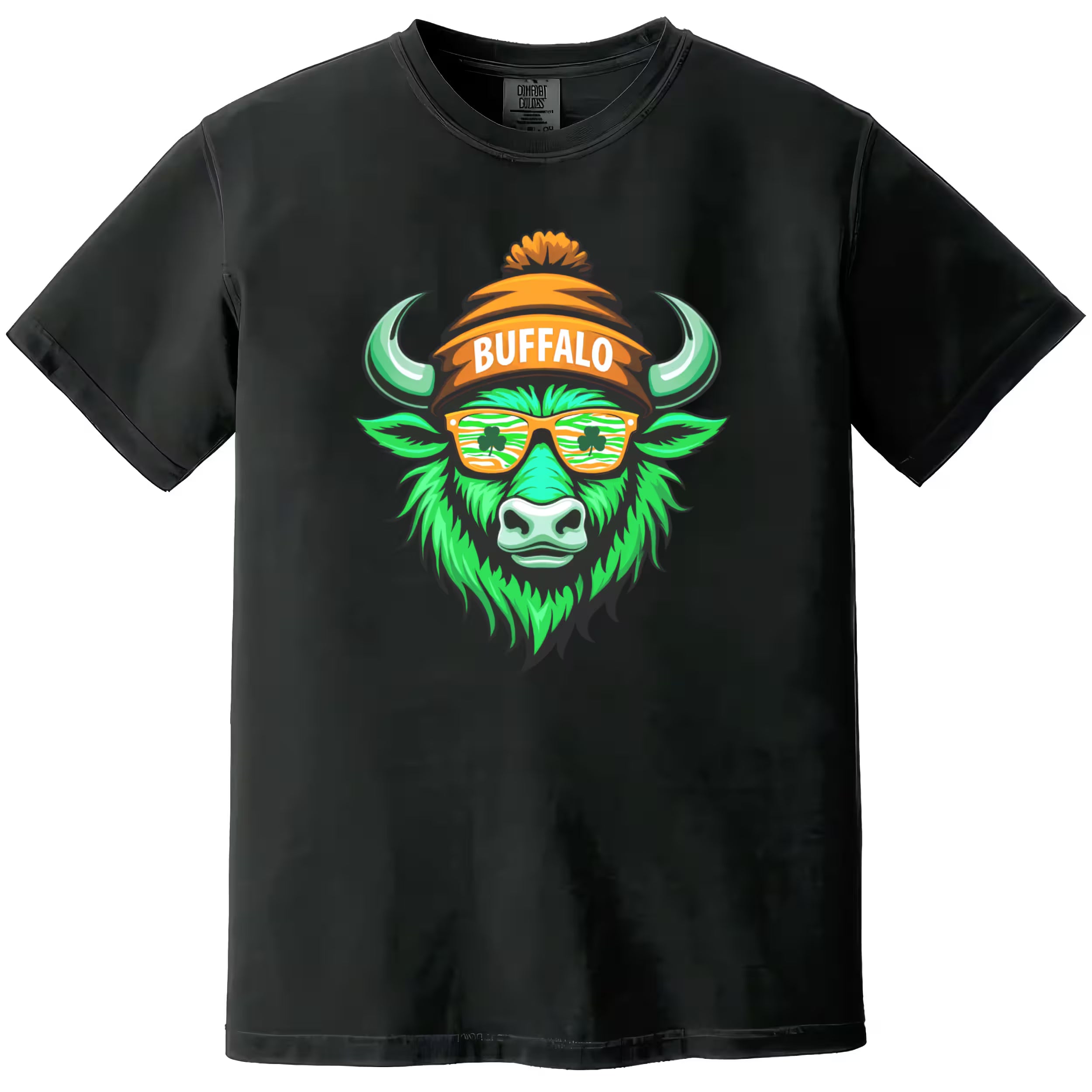 Black Buffalo St. Patrick’s Day t-shirt flat lay featuring a green buffalo mascot with sunglasses and festive St. Paddy’s details
