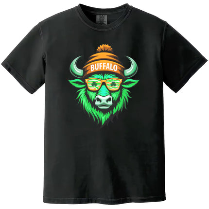 Black Buffalo St. Patrick’s Day t-shirt flat lay featuring a green buffalo mascot with sunglasses and festive St. Paddy’s details