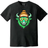 Black Buffalo St. Patrick’s Day t-shirt flat lay featuring a green buffalo mascot with sunglasses and festive St. Paddy’s details