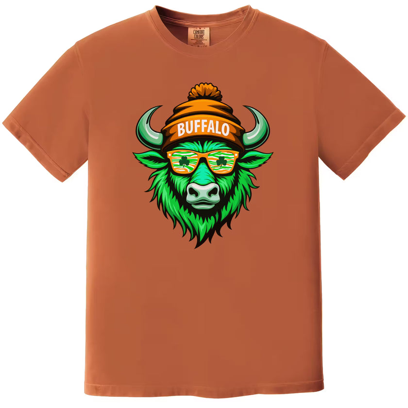 Dark orange Buffalo St. Patrick’s Day t-shirt flat lay with bold buffalo mascot graphic, shamrocks, and Irish-inspired design