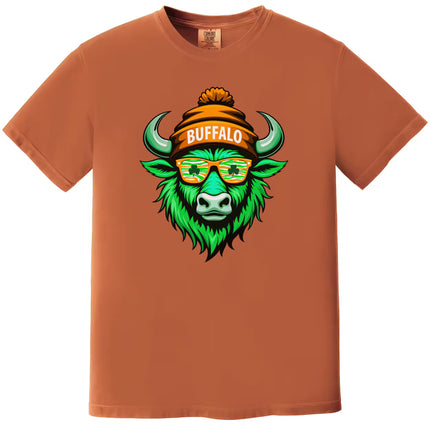 Dark orange Buffalo St. Patrick’s Day t-shirt flat lay with bold buffalo mascot graphic, shamrocks, and Irish-inspired design