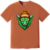 Dark orange Buffalo St. Patrick’s Day t-shirt flat lay with bold buffalo mascot graphic, shamrocks, and Irish-inspired design