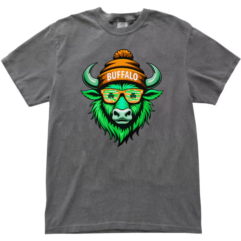 Gray Buffalo St. Patrick’s Day t-shirt flat lay highlighting a playful buffalo mascot with shamrocks and bold holiday styling