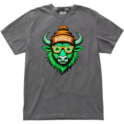Gray Buffalo St. Patrick’s Day t-shirt flat lay highlighting a playful buffalo mascot with shamrocks and bold holiday styling