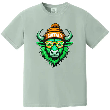 Light green Buffalo Irish St. Patrick’s Day t-shirt flat lay with bright mascot design, shamrocks, and festive Irish color accents