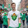 Male model wearing white Irish Buffalo St. Patrick’s Day t-shirt standing outdoors at a parade celebrating the holiday
