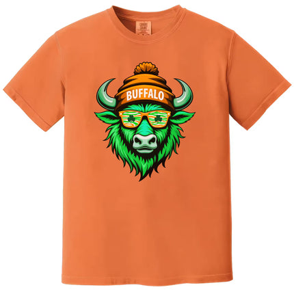 Orange Buffalo Irish St. Patrick’s Day t-shirt flat lay featuring a green buffalo mascot with shamrock sunglasses and festive holiday details