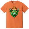 Orange Buffalo Irish St. Patrick’s Day t-shirt flat lay featuring a green buffalo mascot with shamrock sunglasses and festive holiday details