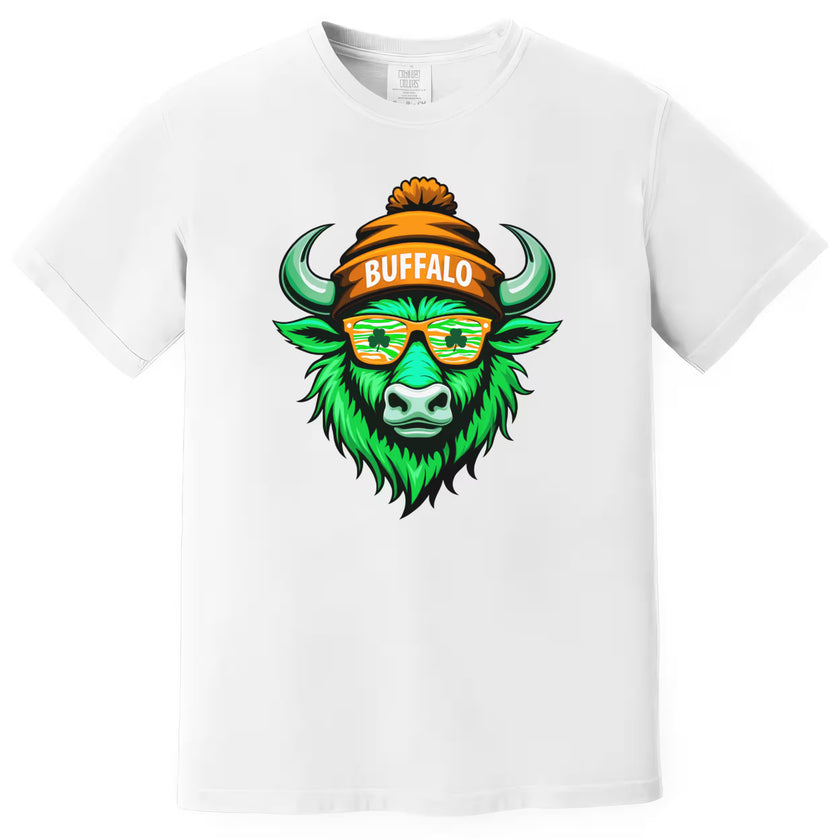 White Buffalo St. Patrick’s Day t-shirt flat lay showcasing a green Irish buffalo mascot wearing striped sunglasses and a Buffalo winter hat