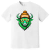 White Buffalo St. Patrick’s Day t-shirt flat lay showcasing a green Irish buffalo mascot wearing striped sunglasses and a Buffalo winter hat