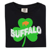 Black Buffalo Irish St. Patrick’s Day t-shirt flat lay with bold shamrock design, distressed Buffalo lettering, and orange buffalo detail
