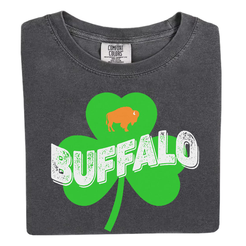 Gray Buffalo Irish St. Patrick’s Day t-shirt flat lay with bold shamrock, retro-style distressed lettering, and orange buffalo design