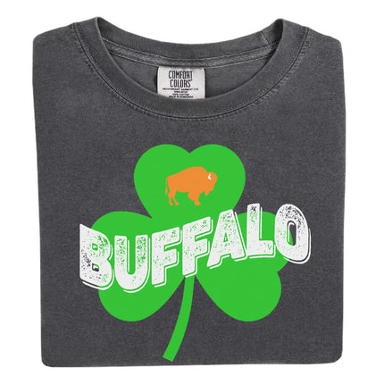 Gray Buffalo Irish St. Patrick’s Day t-shirt flat lay with bold shamrock, retro-style distressed lettering, and orange buffalo design