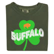 Dark green Buffalo Irish St. Patrick’s Day t-shirt flat lay featuring retro shamrock, distressed lettering, and orange buffalo graphic