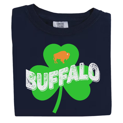Navy Buffalo Irish St. Patrick’s Day t-shirt flat lay showcasing retro shamrock, flag-style letters, and a bright orange buffalo