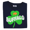 Navy Buffalo Irish St. Patrick’s Day t-shirt flat lay showcasing retro shamrock, flag-style letters, and a bright orange buffalo