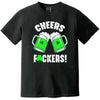 Black St. Patrick’s Day “Cheers Fuckers!” t-shirt flat lay featuring bold green beer mugs and cheeky shamrock-accented lettering