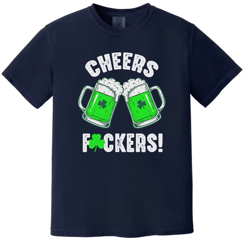 Navy St. Patrick’s Day “Cheers Fuckers!” t-shirt flat lay with clinking green beer mugs and playful shamrock detail